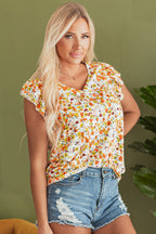 Green Floral Print Ruffled Sleeveless V Neck Tank Top