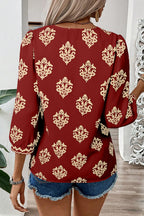 Green Damask Floral Print Contrast V Neck 3/4 Sleeve Blouse