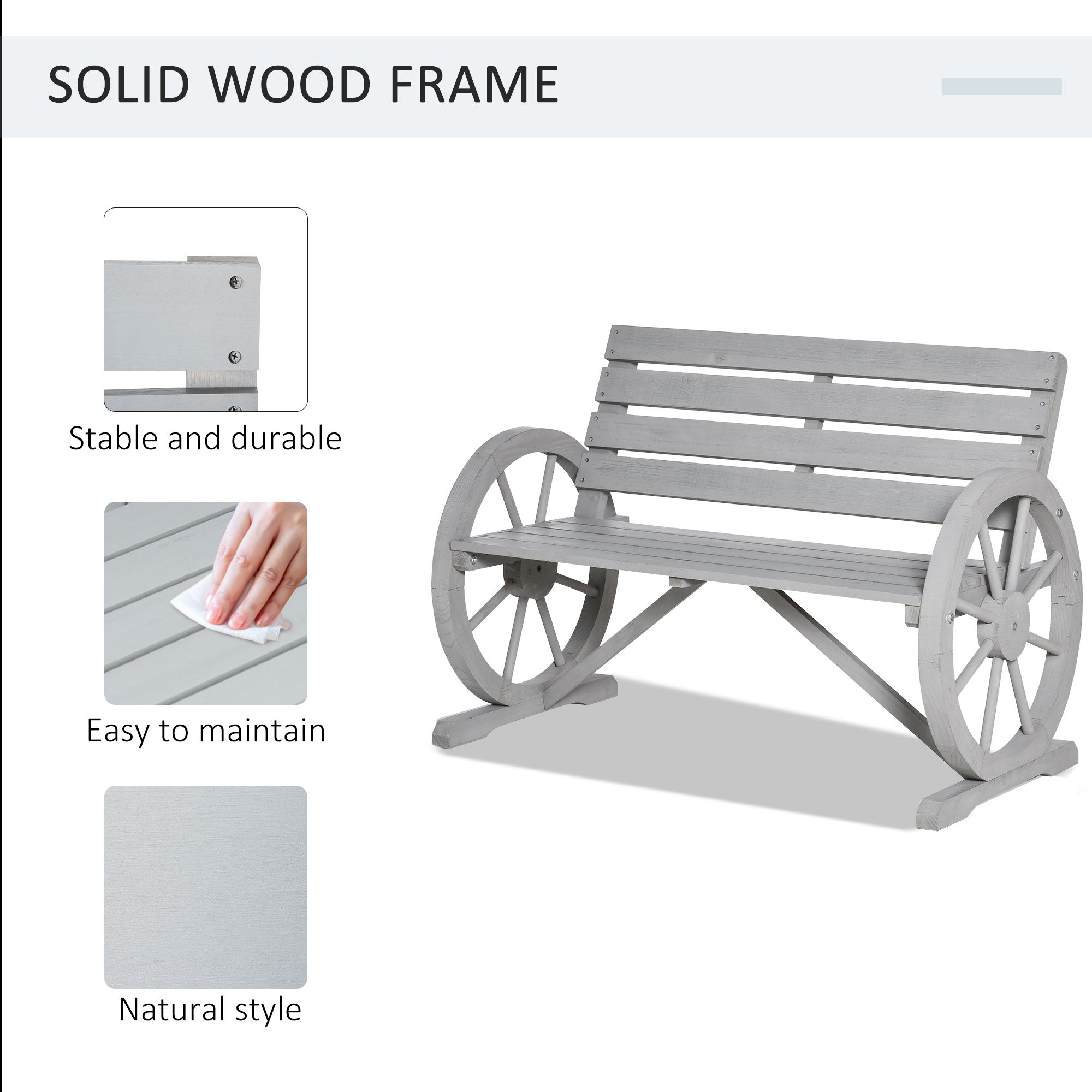 41" Wooden Wagon Wheel Bench Rustic Outdoor Patio Weather Resistance Furniture 2-Person Slatted Seat Bench with Backrest Light Gray