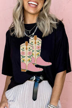 Black Floral Boots Graphic T Shirt