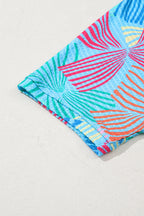 Sky Blue Bowknot Printed Waffle Crewneck Loose Short Sleeve Top