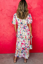 Sky Blue Abstract Print Short Puff Sleeve Tiered Maxi Dress