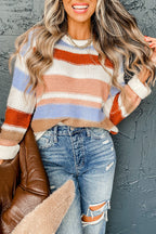 Pink Striped Colorblock Round Neck Drop Shoulder Sweater