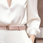 Women’s Satin V-Neck Long Sleeve Top – Slim Fit Solid Color Blouse