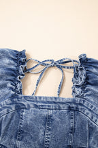 Denim Frilly Square Neck Bustier Puff Sleeve Dress