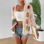 Hand-Crocheted Floral Cardigan Sweater | Boho Open Front Knit Top