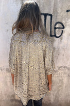 Gray Leopard Print 3/4 Sleeve V Neck Loose Fit T Shirt
