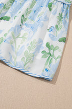Sky Blue Floral Contrast Edge Ruffle Sleeve Tie Neck Mini Dress