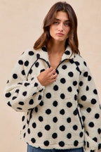 BiBi Polka Dot Sherpa Half Zip Up Top with Side Pocket