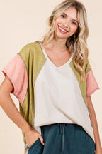 Mittoshop Color Block V-Neck Short Sleeve T-Shirt