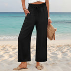 Women's Wide-Leg Cropped Pants with Lace Trim & Pockets