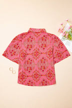 Rose Red Floral Print Wide Short Sleeve Loose Shirt