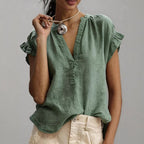 V-Neck Petal Sleeve Cotton-Linen Solid Top – 4 Colors, S–2XL