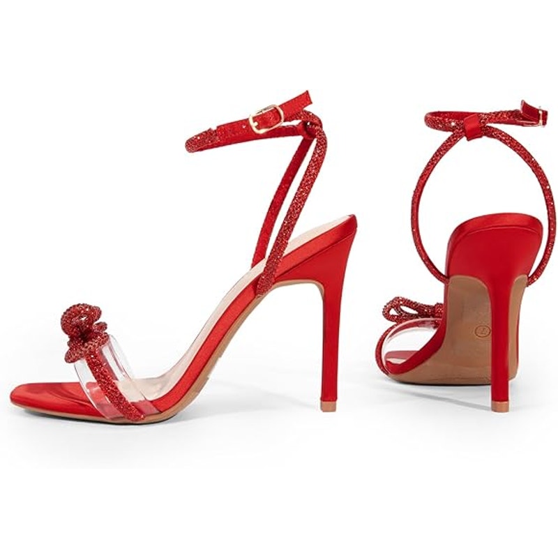 Dream Pairs Womens 9.5 Red Rhinestone Bow Clear Strap 4.5" Heel Open Toe Shoes