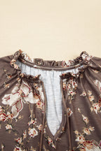 Khaki Retro Floral Print Tassel Tie Split Neck Short Sleeve Blouse