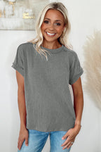 White Crinkle Rib Textured Knit Round Neck T Shirt