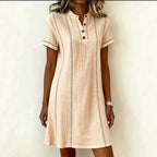Women's Printed Button-Up Stand Collar Midi Dress – 3/4 Sleeve Loose Fit