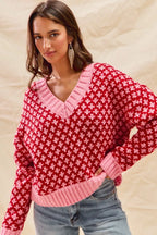 SO ME Color Block Textured Christmas Sweater V Neck Top