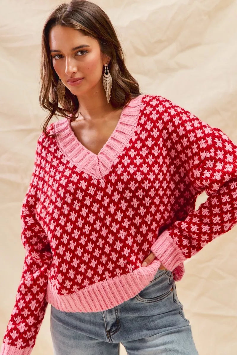 SO ME Color Block Textured Christmas Sweater V Neck Top