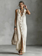 Women's Sleeveless Deep V-Neck Hooded Loose Maxi Dress – 6 Colors XS–3XL
