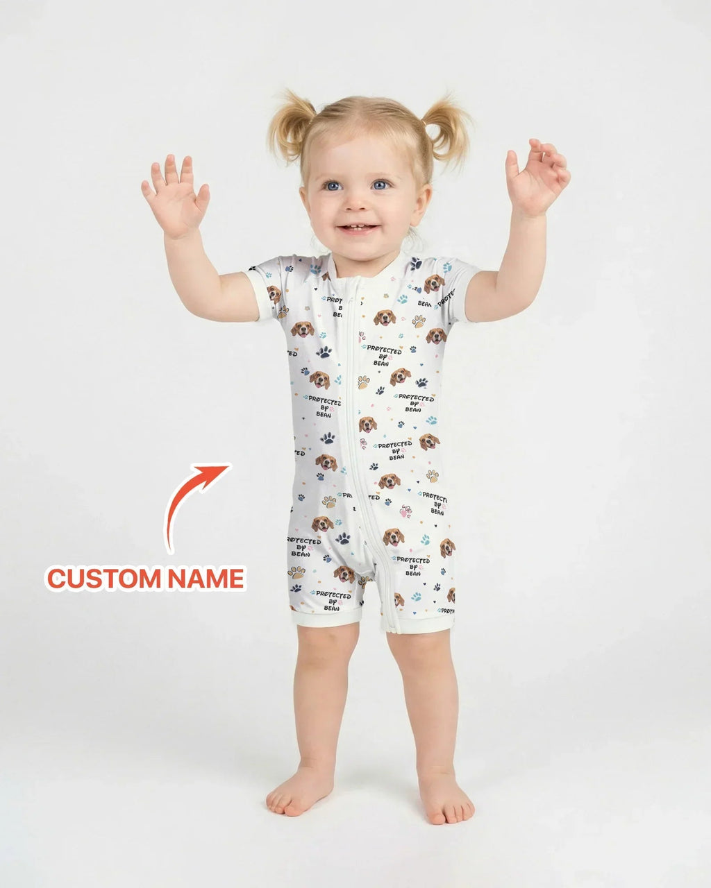 Custom Dog Photo Pattern "Protected By" Bamboo Shorty Zippered Romper
