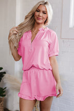 Sea Green Half Zip Puff Sleeve Top and Ruffled Shorts Set