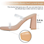 Athlefit Womens Size 7.5 Tan Open Toe Clear Strap 3.5" Heel Slip On Sandal Shoes