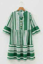 Green Boho Ethnic Print Half Button 3/4 Sleeve Casual Dress