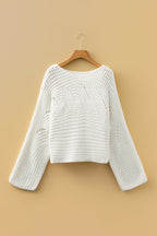 White Hollowed Detail Wide Sleeve Loose Pullover Sweater