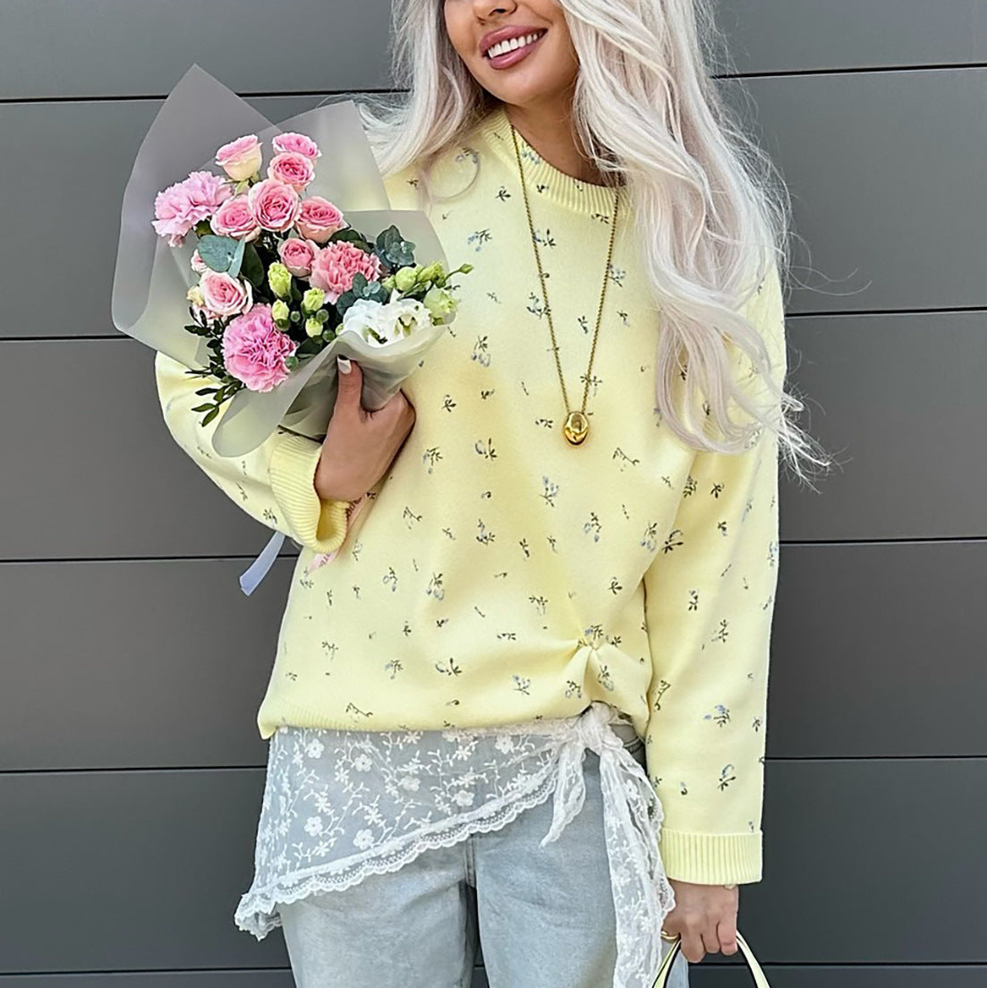 Womens European And American-style Chic Floral-print Crew-neck Pullover Sweater