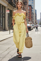 Women's Off-Shoulder Ruffle Wide-Leg Cropped Jumpsuit – Elastic Waist