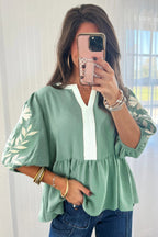 Smoke Green Color Block Patchwork V Neck Embroidered Puff Sleeve Babydoll Blouse