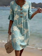 Women's Resort V-Neck Coconut Print Loose Three-Quarter Sleeve Dress