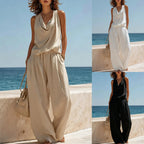 Women's Sleeveless Boat Neck Top & Wide-Leg Pants Two-Piece Set