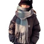 Women's Plaid Tassel Scarf Rainbow Color-blocking Shawl