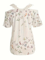 🦋 Vibrant Butterfly Lace Off-Shoulder V-Neck Tee