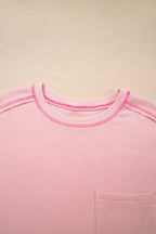 Bonbon Ribbed Exposed Seam Chest Pocket Plus Size Long Sleeve Top