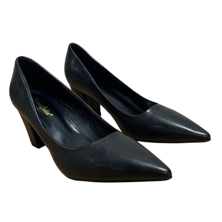 VenusCelia Womens Size 9 Black 3" Block Heel Closed Pointed Toe PU Leather Shoes