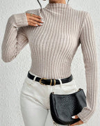 Women's Ribbed Mock Neck Knit Jumpsuit Long Sleeve Slim Casual Jumpsuit, High Neck Ribbed Knit Long Sleeve Women's Bodysuit For Spring And Autumn, Versatile Casual Jumpsuit.