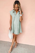 Green Stripe Frill Trim Pocket Button Up Mini Dress