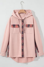 Waffle Knit Plaid Patchwork Drawstring Hooded Shacket