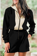 Black Two-Tone Zipper Long Sleeve Casual Romper