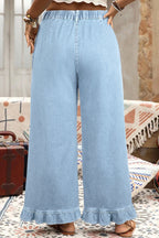 Black Plus Size Elastic Waist Ruffled Wide Leg Denim Pants