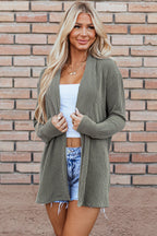 Moss Green Corded Open Front Knit Cardigan