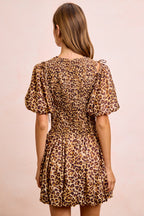 BiBi Leopard Bow Tie Attachable Puff Sleeves Dress