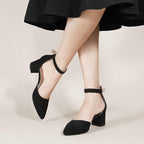 Ankis Womens Size 8.5 Black 2" Chunky Heel Closed Pointed Toe Ankle Strap Shoes