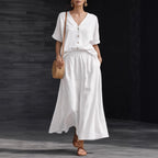 Women's Cotton-Linen V-Neck Button-Up Top & Long Skirt Set