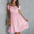 Women's Off-Shoulder Striped Waist-Cinching Midi Dress