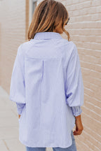 Blue Stripe Striped Casual Shirred Cuffs Shirt