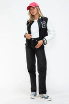 Love Me Now PU Leather Contrast Snap Down Bomber Jacket